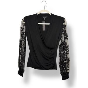 Adiva Women’s XS Wrap Blouse Black Sheer Sleeves Floral Embroidered NEW